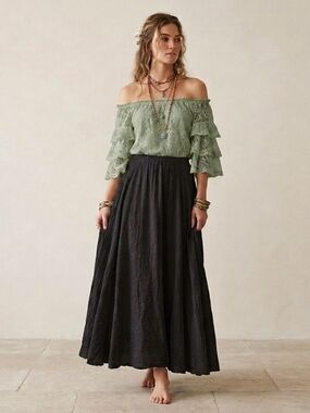 *Flawed* OCHENTA 100% Cotton Gauze Crinkle Flared Maxi Peasant Skirt Black M/L
